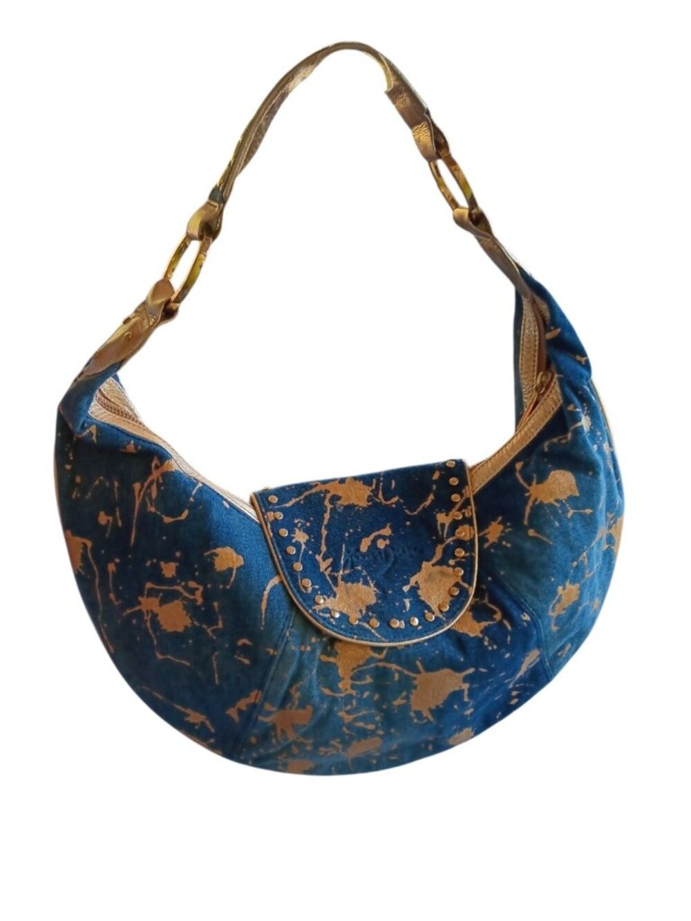 Junior Drake Hobo Sling Purse Bag Studded Denim Urban Gold Splash Paint